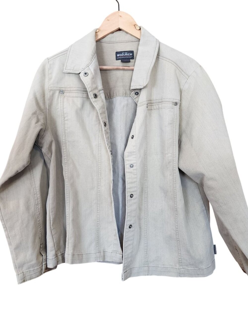 Woolrich Womens Beige Denim Jacket L Snap Button Closure Casual Lightweight size